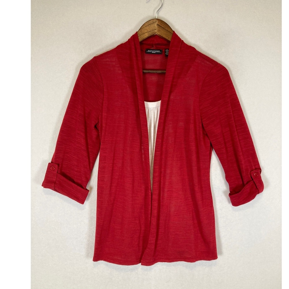 Business Casual Notations Women PS Red 3/4 Sleeve Layered Cardigan Top‎ PKWF0241